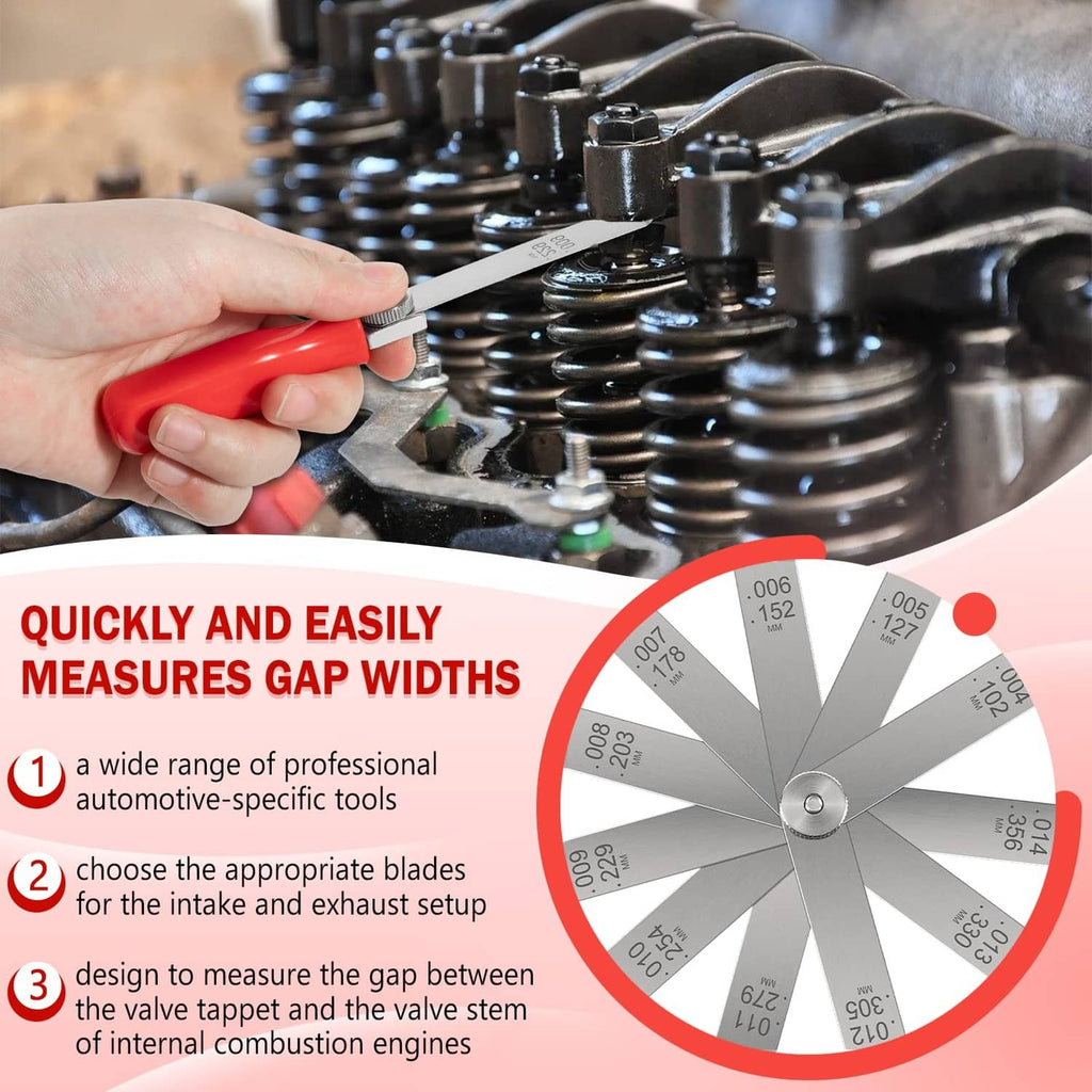Valve tappet feeler gauge blade inserted between engine valve parts using a red handle