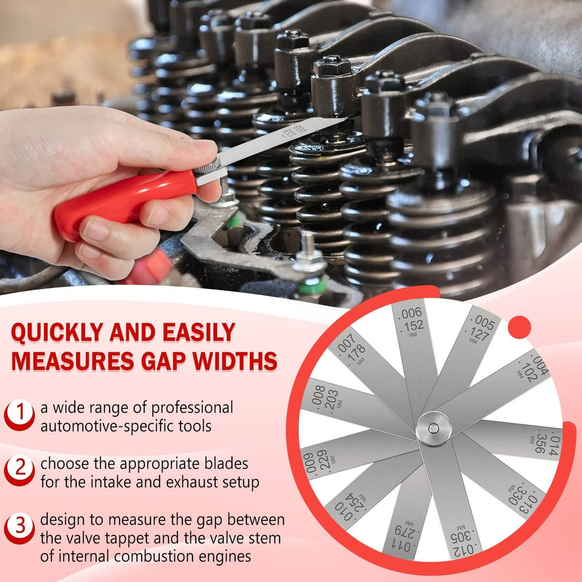 Valve tappet feeler gauge blade inserted between engine valve parts using a red handle