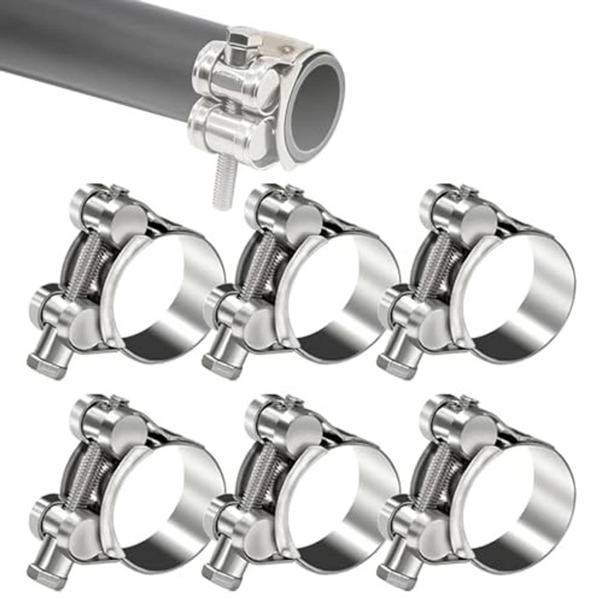 Stainless steel T-bolt hose clamps set, multiple clamps shown