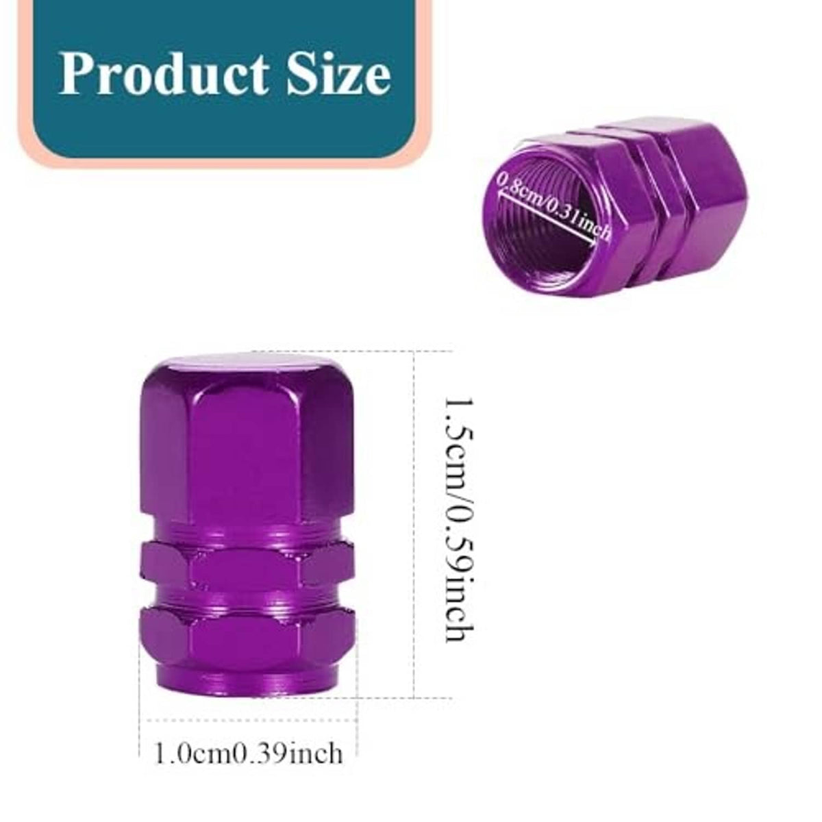 Purple hexagonal tire valve cap, close-up with threaded end