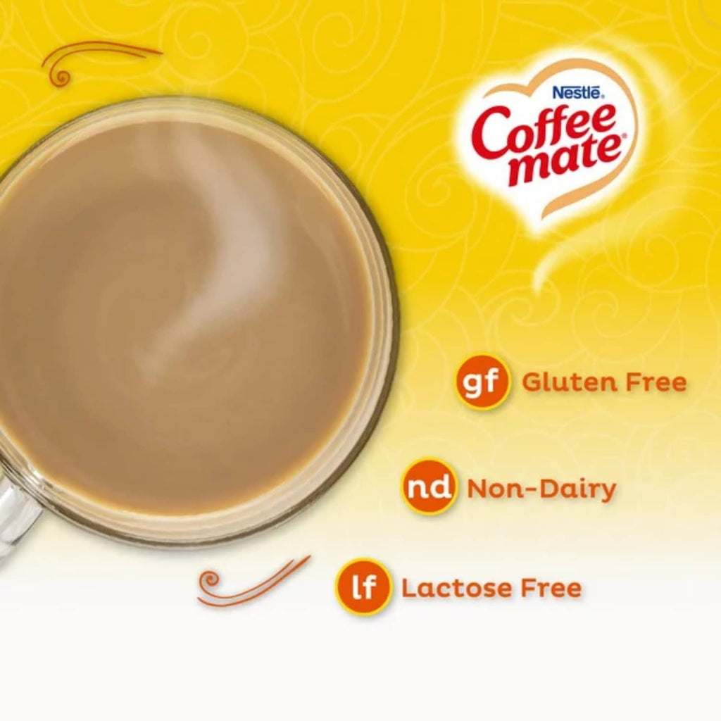 Coffee-mate creamer cap area with Gluten Free, Non-Dairy, and Lactose Free icons