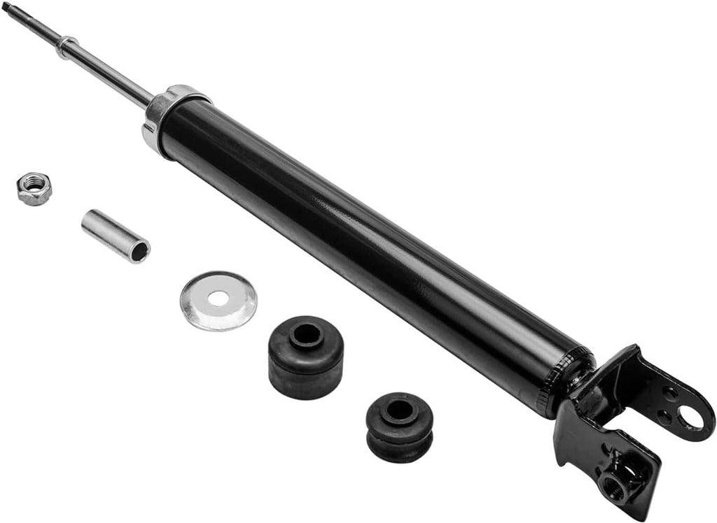 Black shock absorber with silver shaft, rubber bushings, and lower mounting bracket