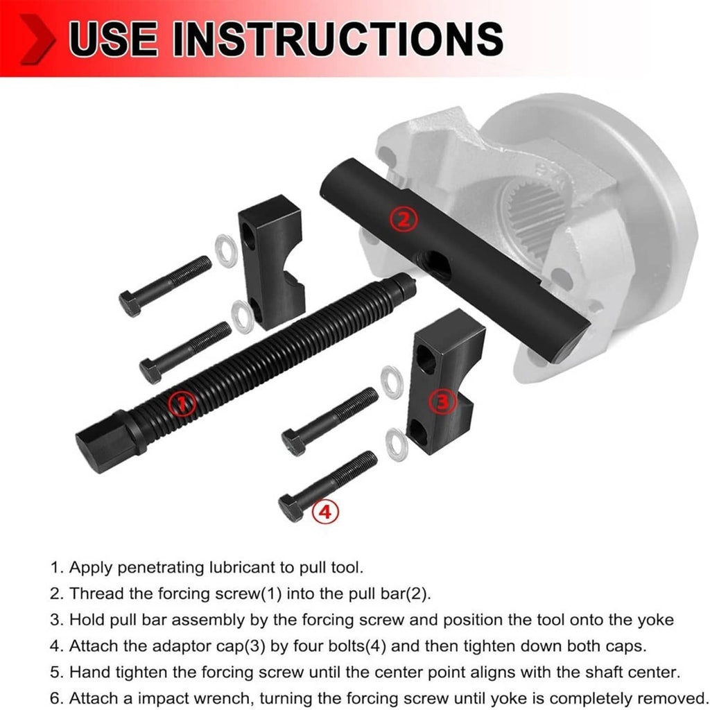 Yoke puller tool parts shown with numbered setup and use steps