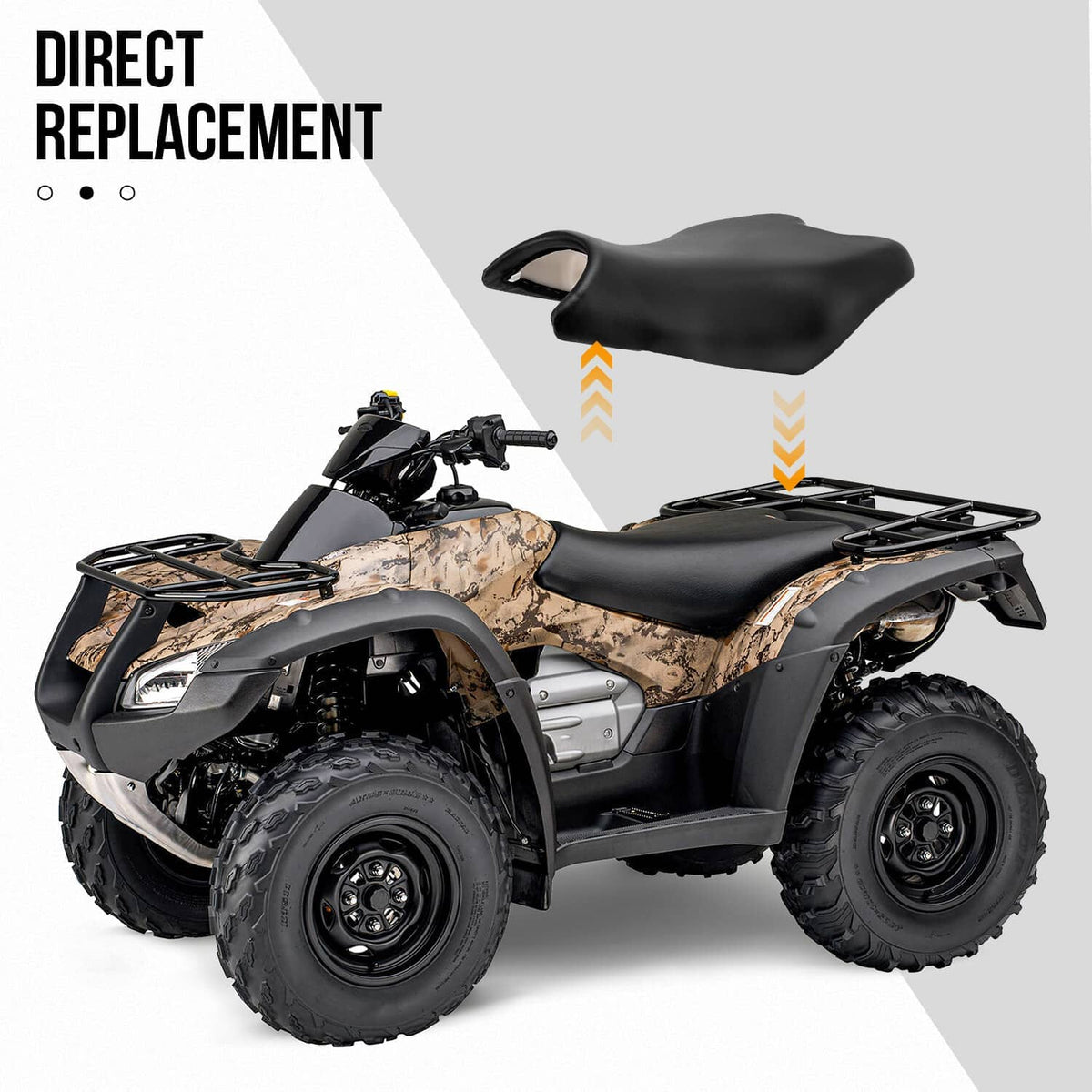 Black ATV replacement seat with rear handle opening and contoured backrest