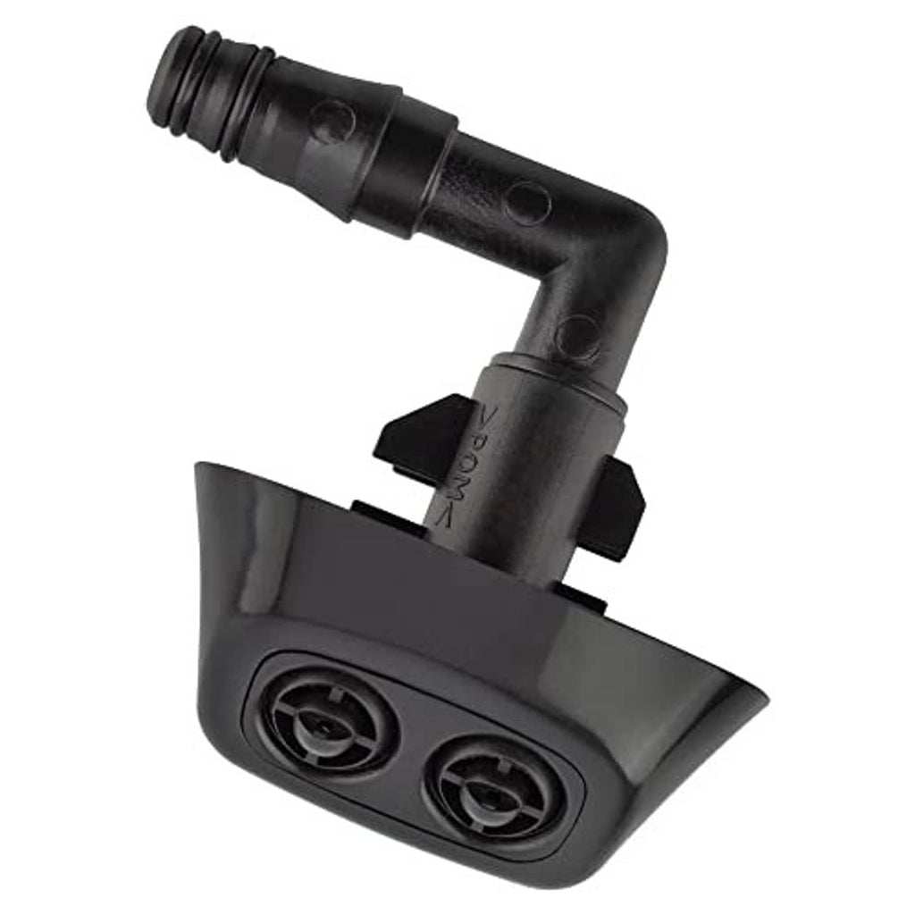 Black plastic headlight washer nozzle jet sprayer viewed from front with dual circular outlets