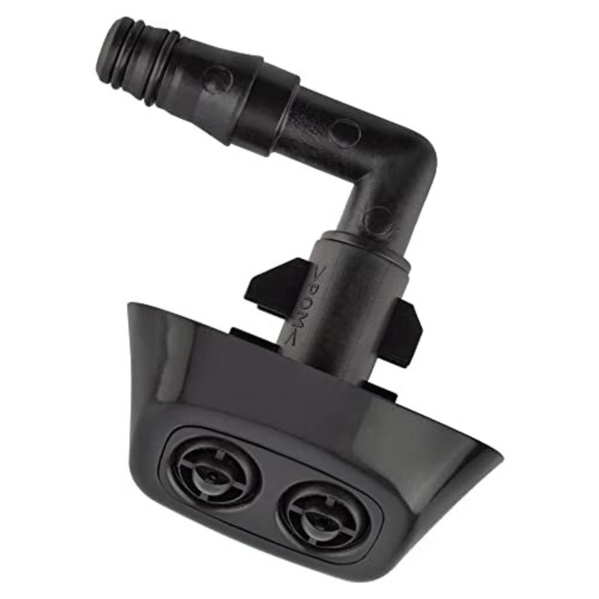 Black plastic headlight washer nozzle jet sprayer viewed from front with dual circular outlets