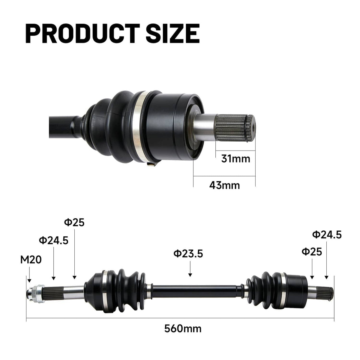 Rear CV axle shaft assembly with black boots and metal splined ends on a size diagram