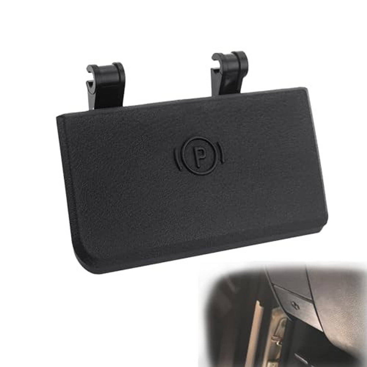 Black parking brake release handle cover with 'P' parking symbol, matte finish