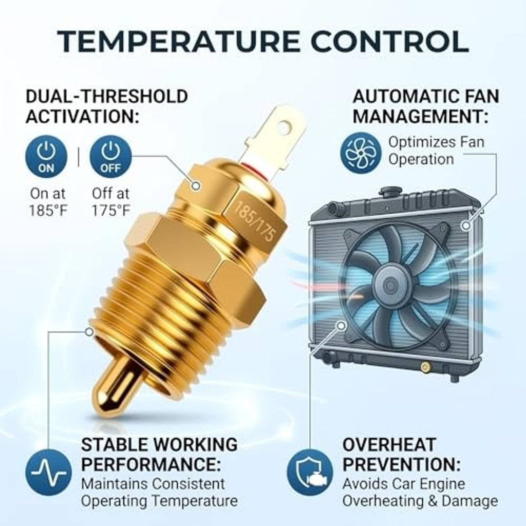 Threaded brass radiator fan switch thermostat with metal probe end and mounting lug