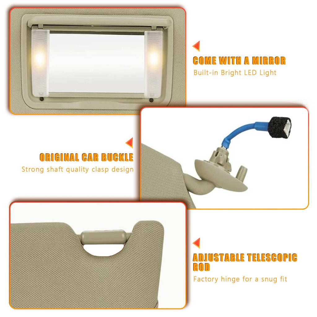 Tan car sun visor with LED mirror window, extendable rod, and mounting bracket