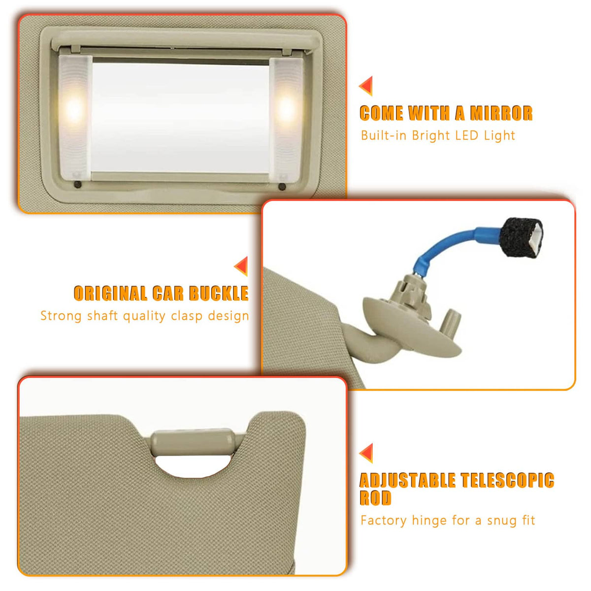 Tan car sun visor with LED mirror window, extendable rod, and mounting bracket