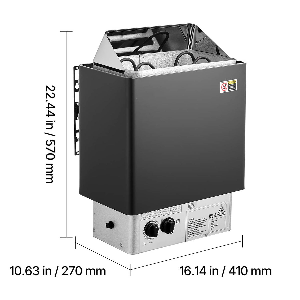 Vented-top electric sauna heater with side dimensions and control panel