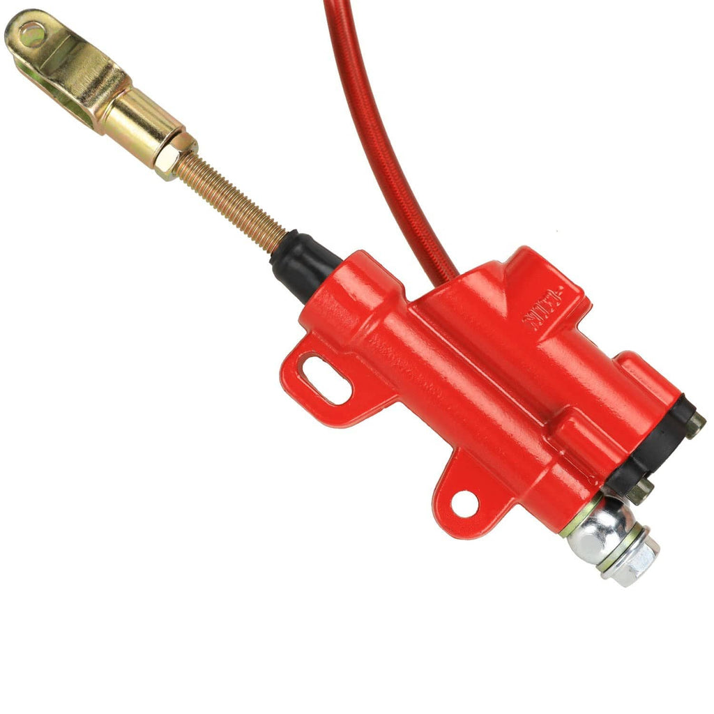 Red rear brake master cylinder with brass banjo bolt and attached red hydraulic hose