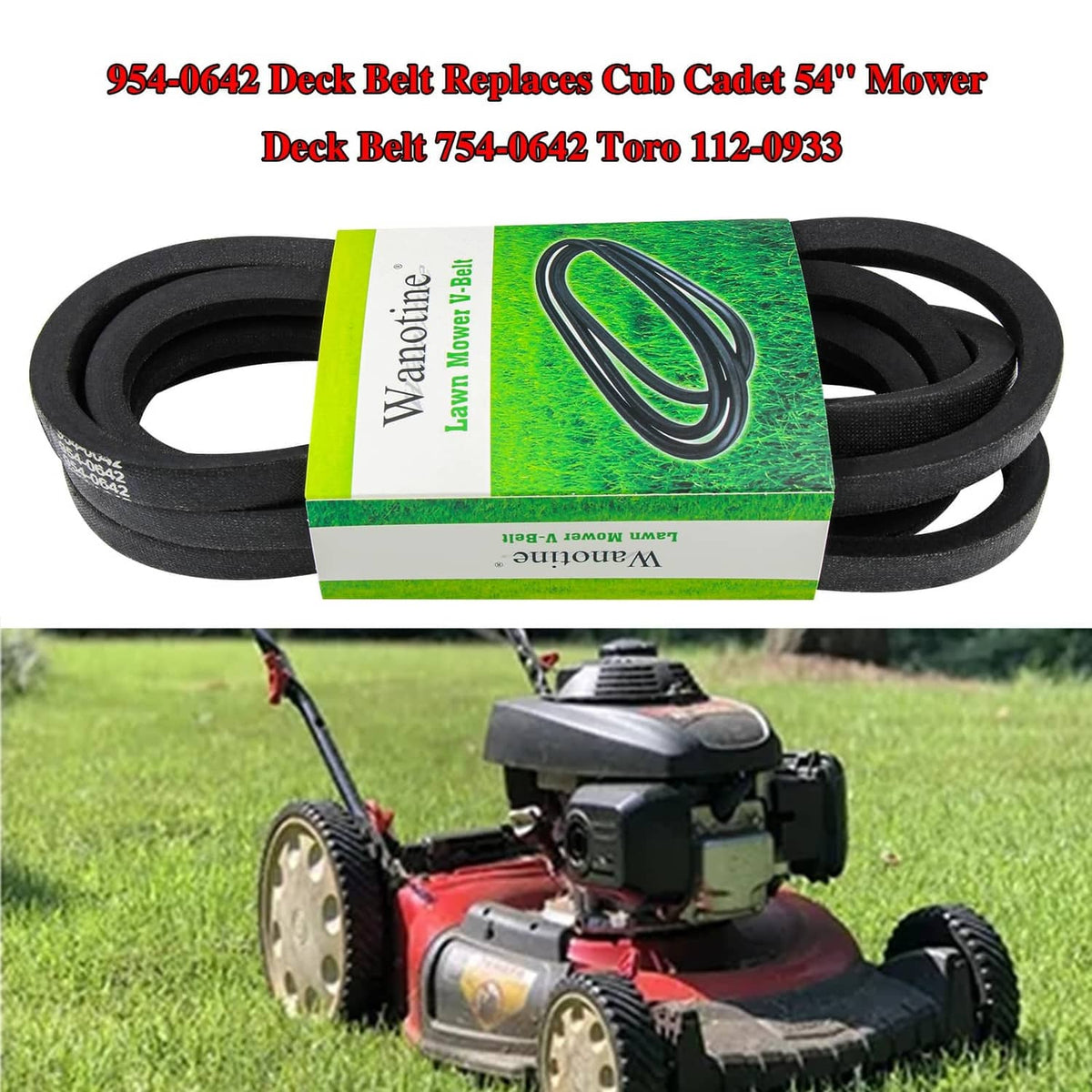Black replacement mower deck belt shown as a coiled loop