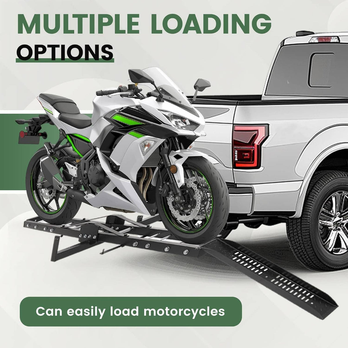 Hitch mount motorcycle carrier holding motorcycle on platform with ramp ramp extension
