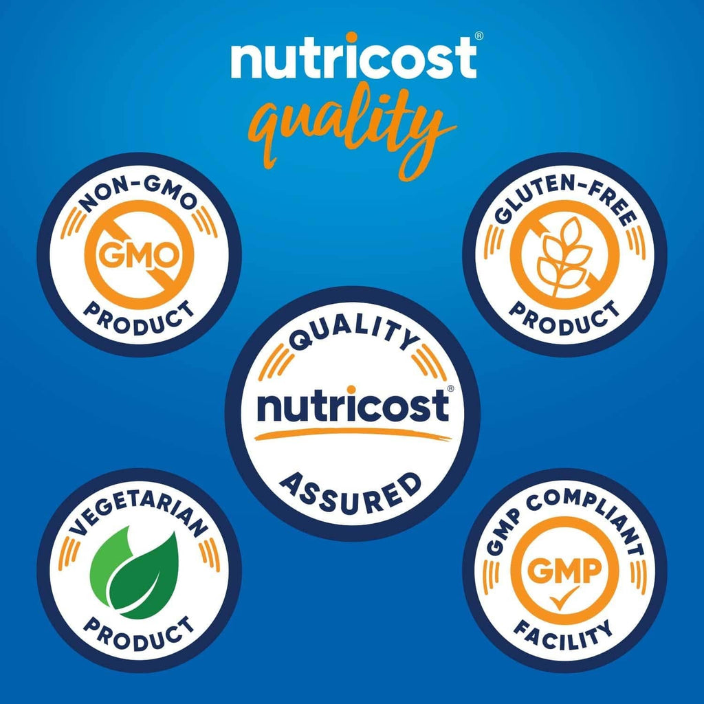 Nutricost quality assurance badge set with Non-GMO, Gluten-Free, GMP icons