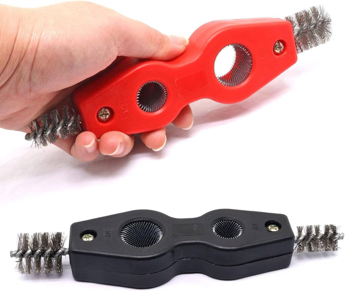 Handheld 4-in-1 pipe cleaner with red handle and copper wire brush heads