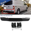 Black rear step bumper assembly with mounting brackets and hardware, no park assist sensor hole