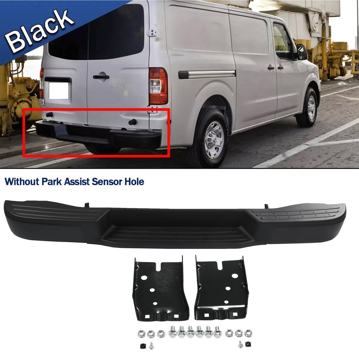 Black rear step bumper assembly with mounting brackets and hardware, no park assist sensor hole