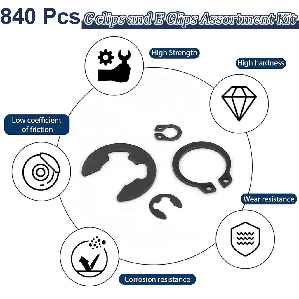Black C and E clips with durability features including corrosion and wear resistance
