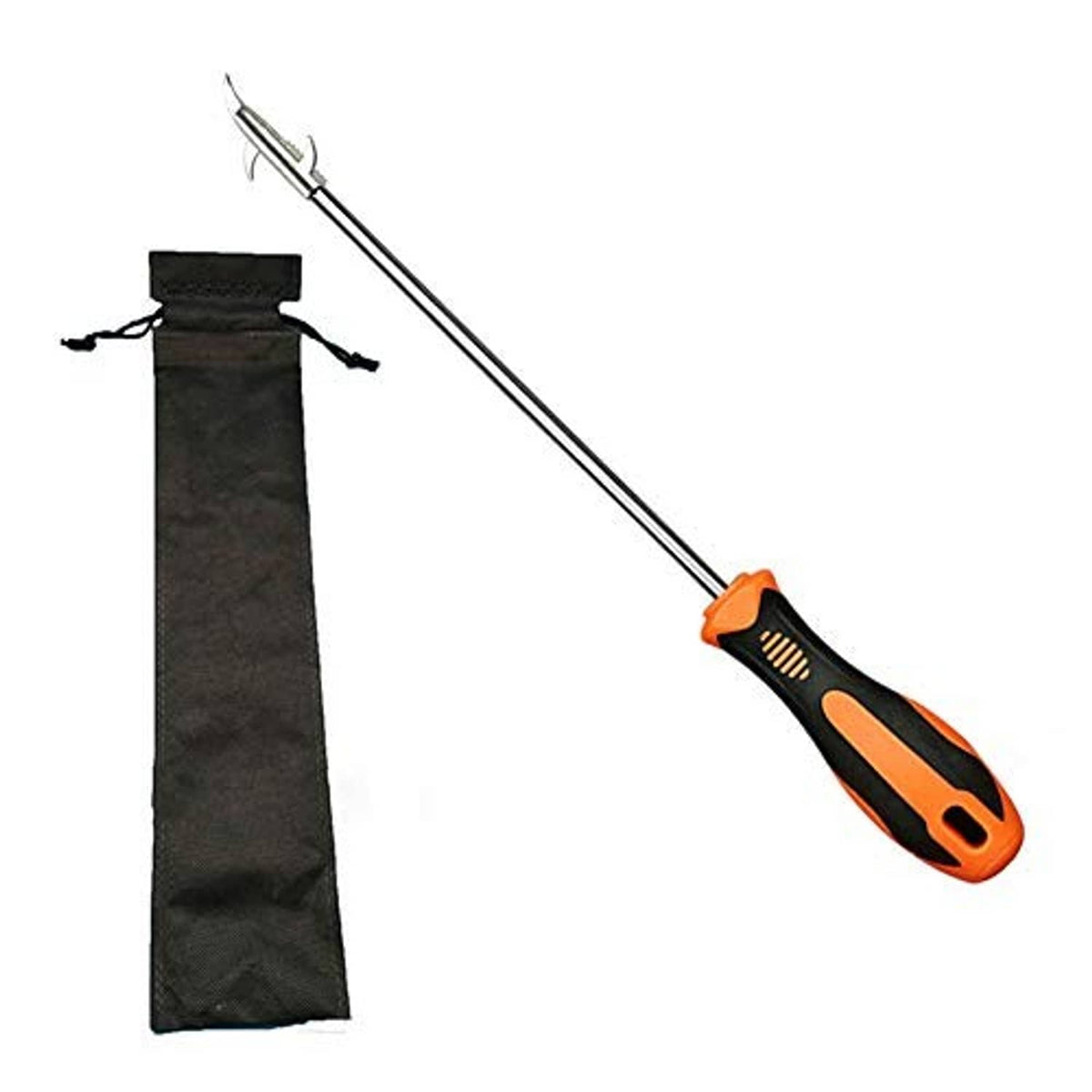 Car tire cleaning hook tool with long metal prying hook, orange-black handle, storage bag