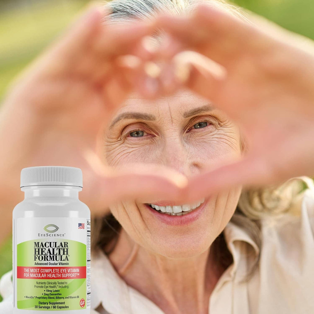 Macular Health Formula bottle beside a smiling older woman