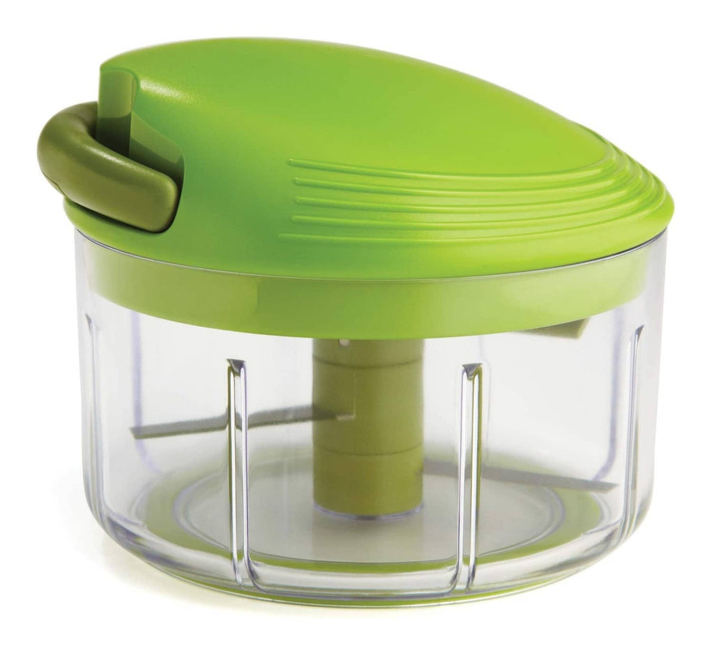 Green manual food chopper with clear 2-cup container and snap-on pull lid