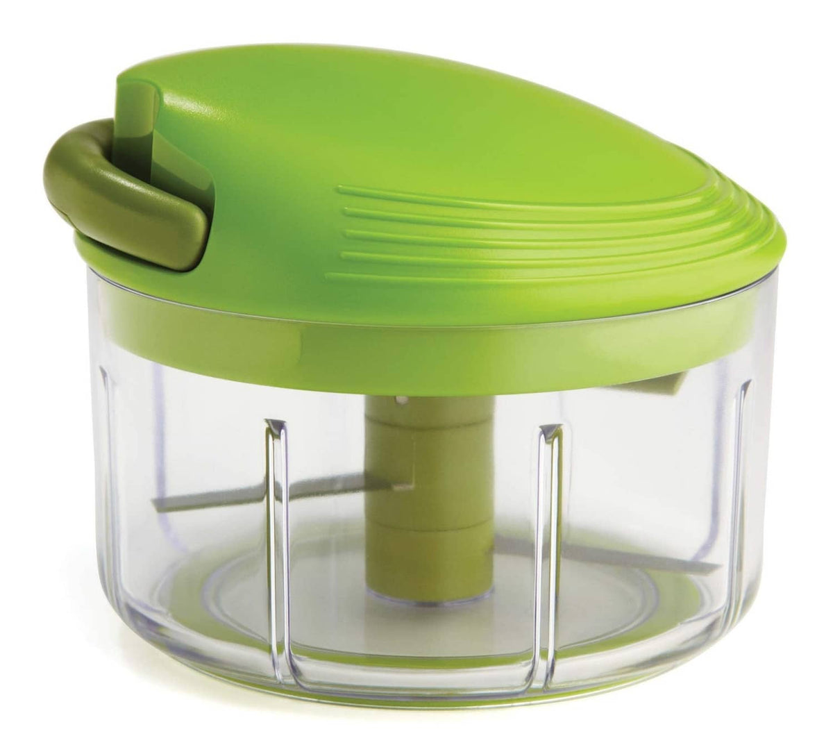 Green manual food chopper with clear 2-cup container and snap-on pull lid