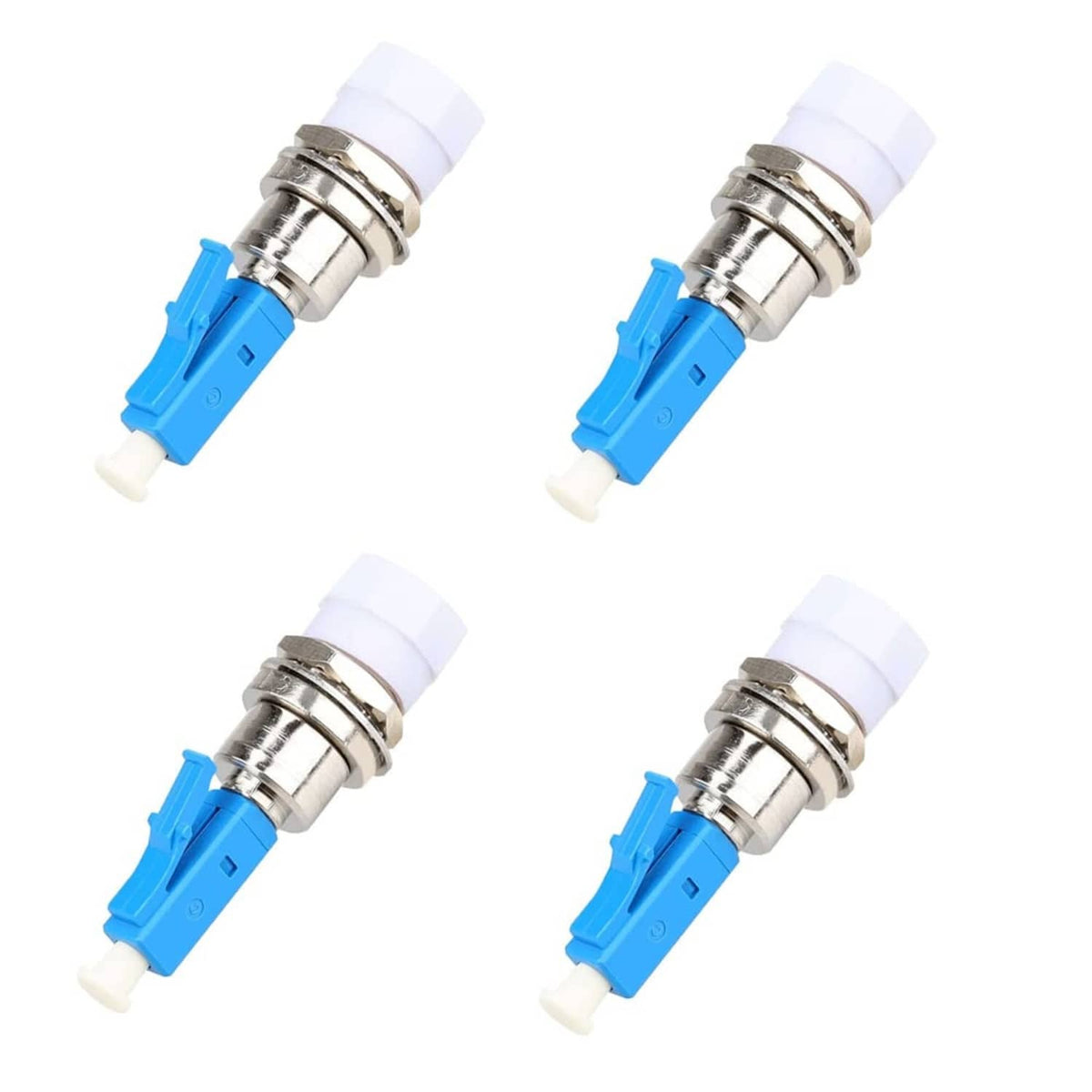 Fiber optic adapter 4-pack: blue LC male to silver FC female, white dust caps