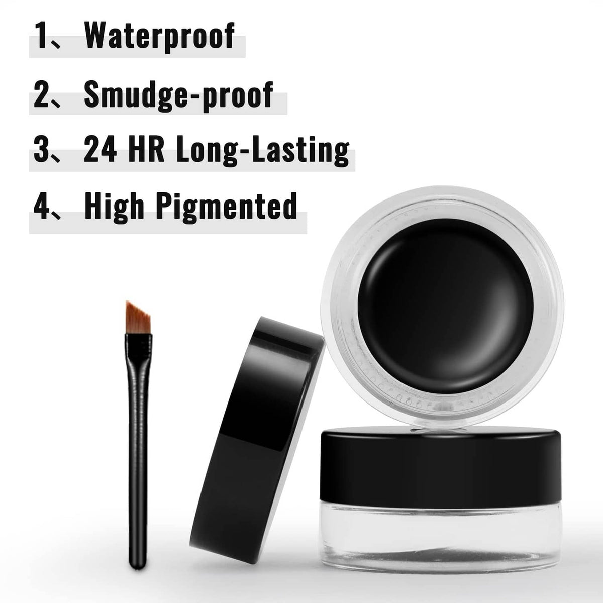Black gel eyeliner jar with cap and brush applicator, side view
