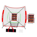 Red and white baseball practice net with green target outline and numbered strike zone board