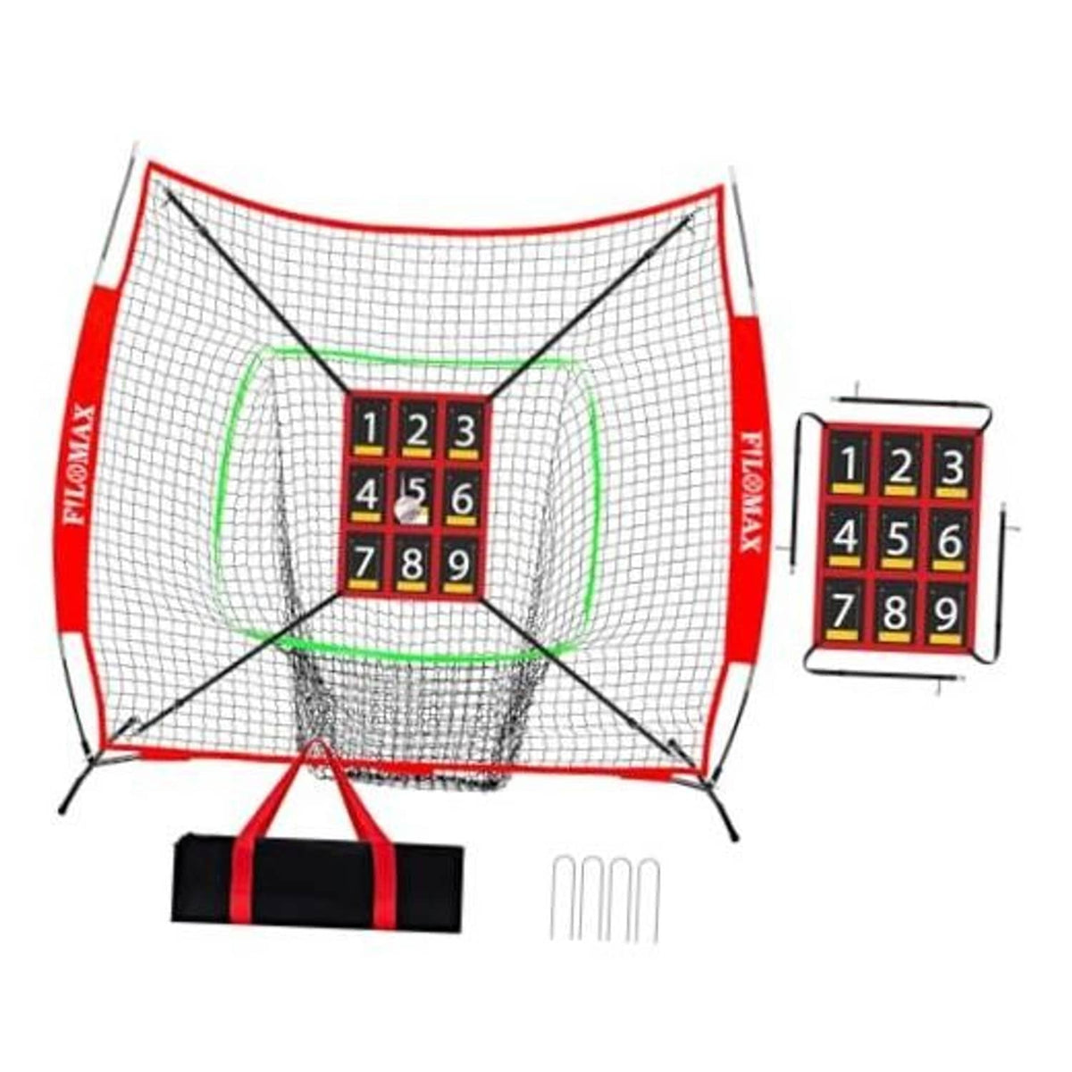 Red and white baseball practice net with green target outline and numbered strike zone board