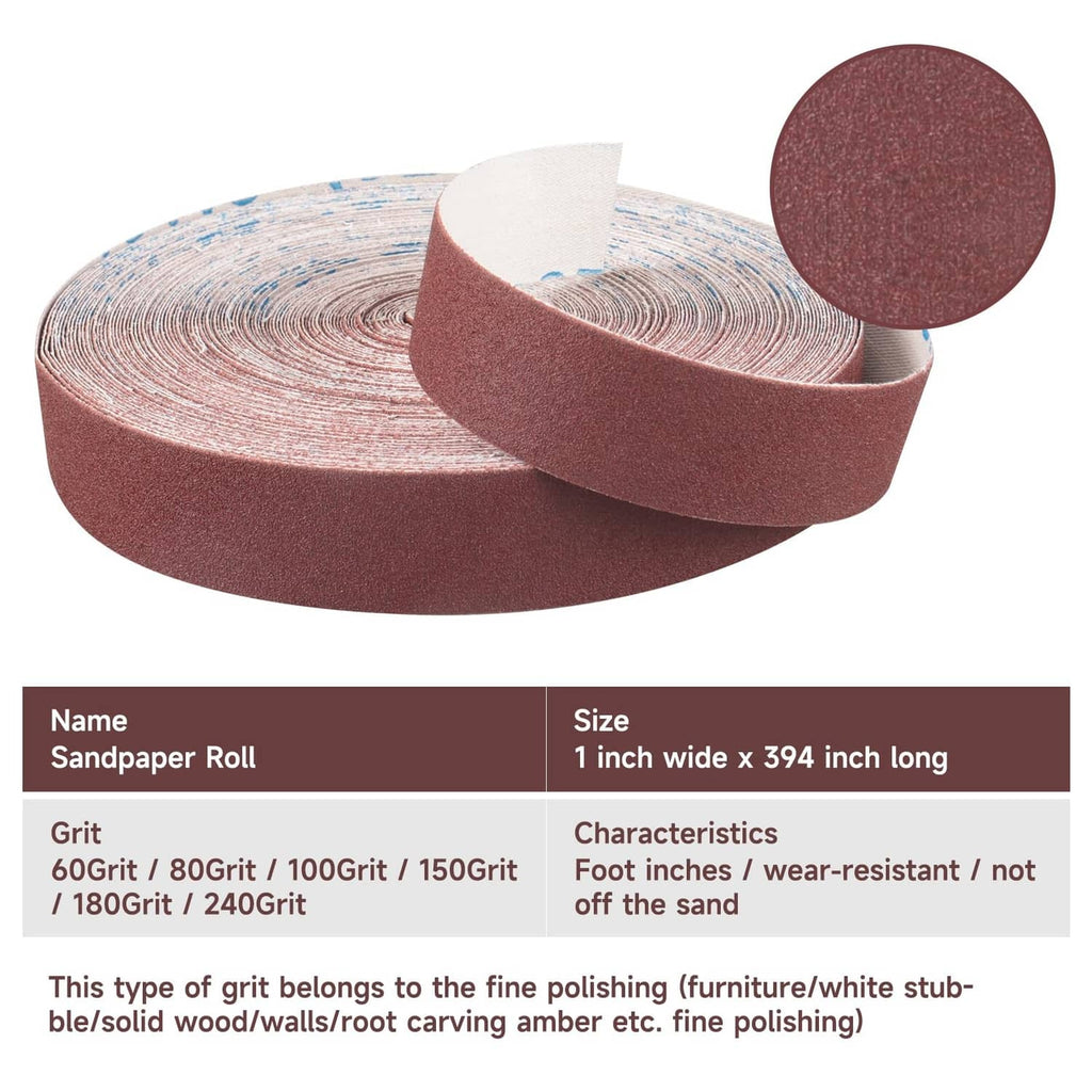 Red 240-grit emery cloth sandpaper roll with matching abrasive disc, fine sanding