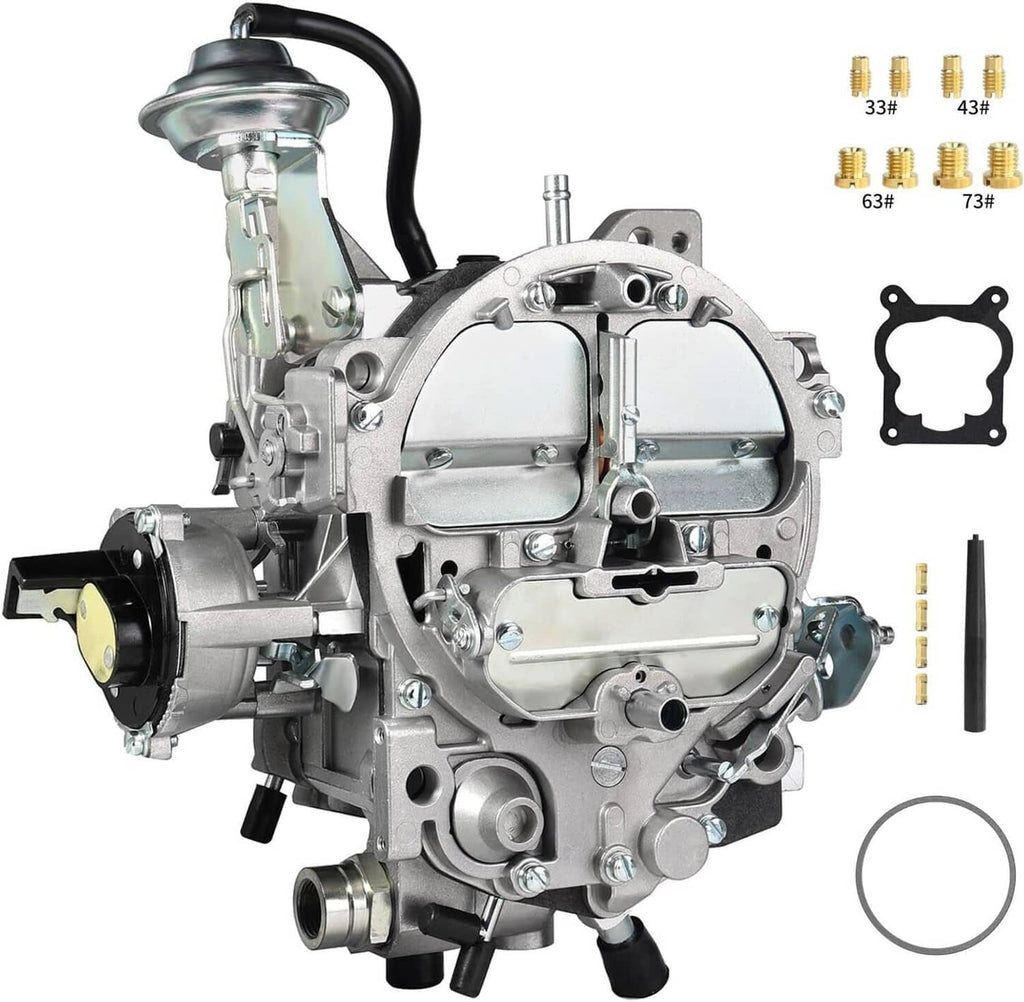 Metal Rochester-style carburetor assembly with air horn and intake ports, chrome finish
