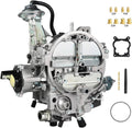 Metal Rochester-style carburetor assembly with air horn and intake ports, chrome finish