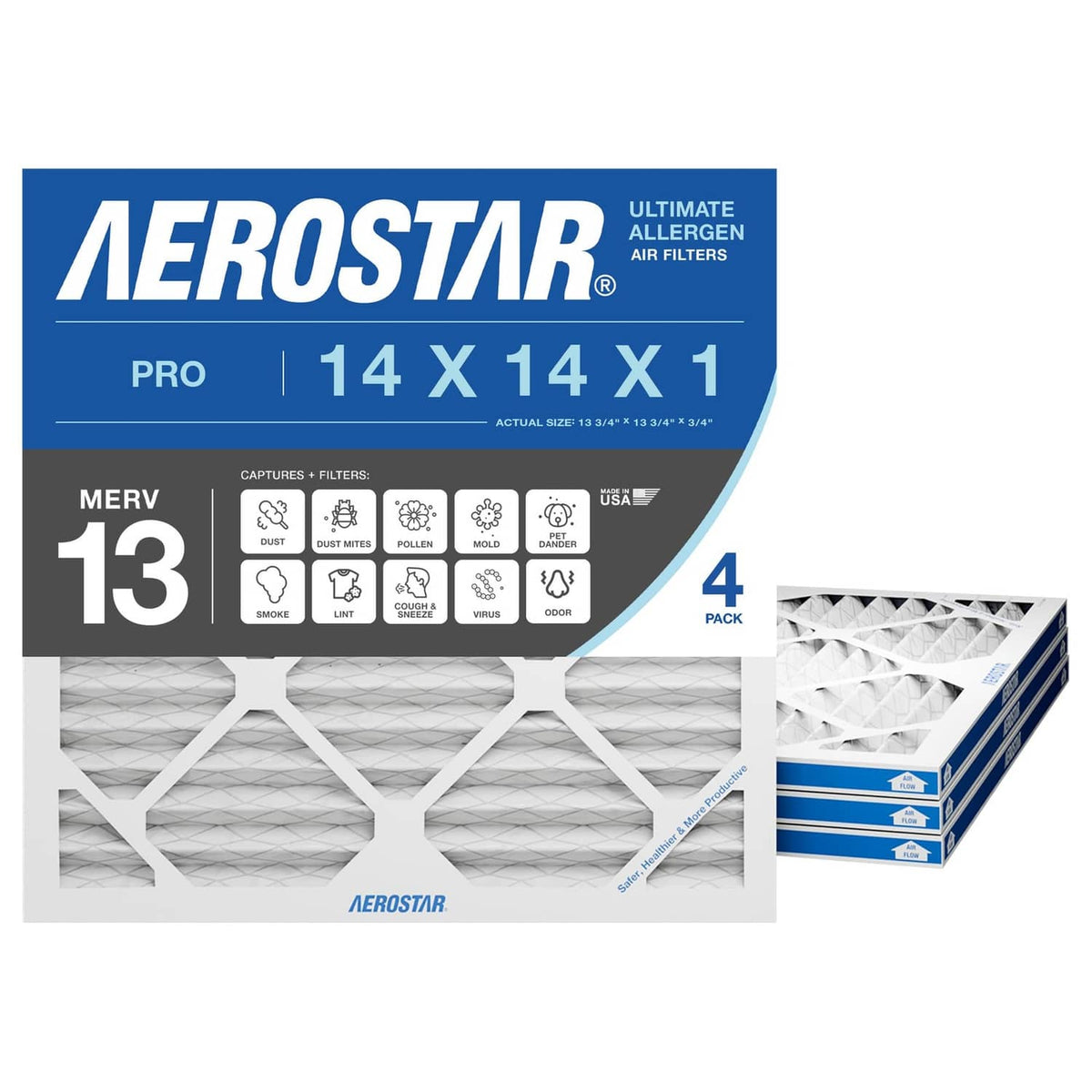 HVAC air filter, white pleated media, MERV 13, 14x14x1, 4-pack set
