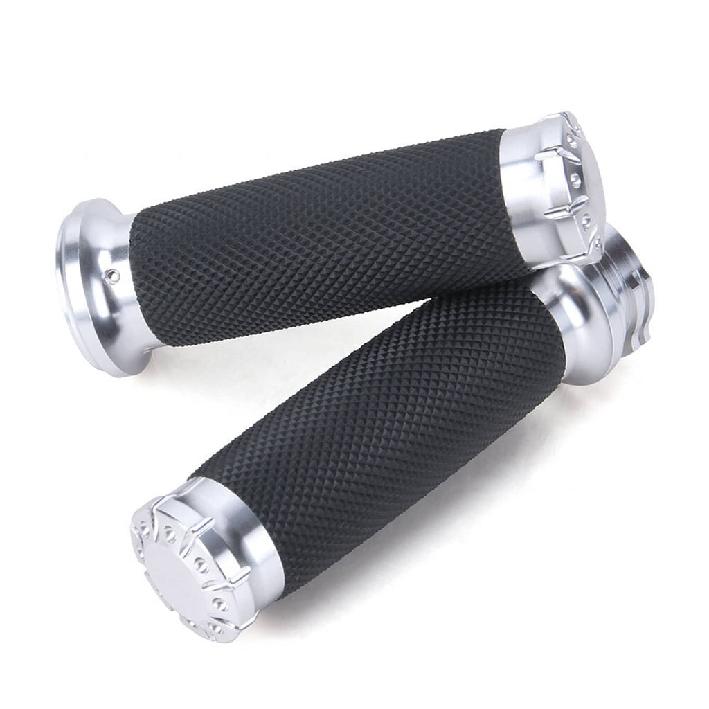 Pair of motorcycle handlebar grips, black textured rubber with chrome end guards
