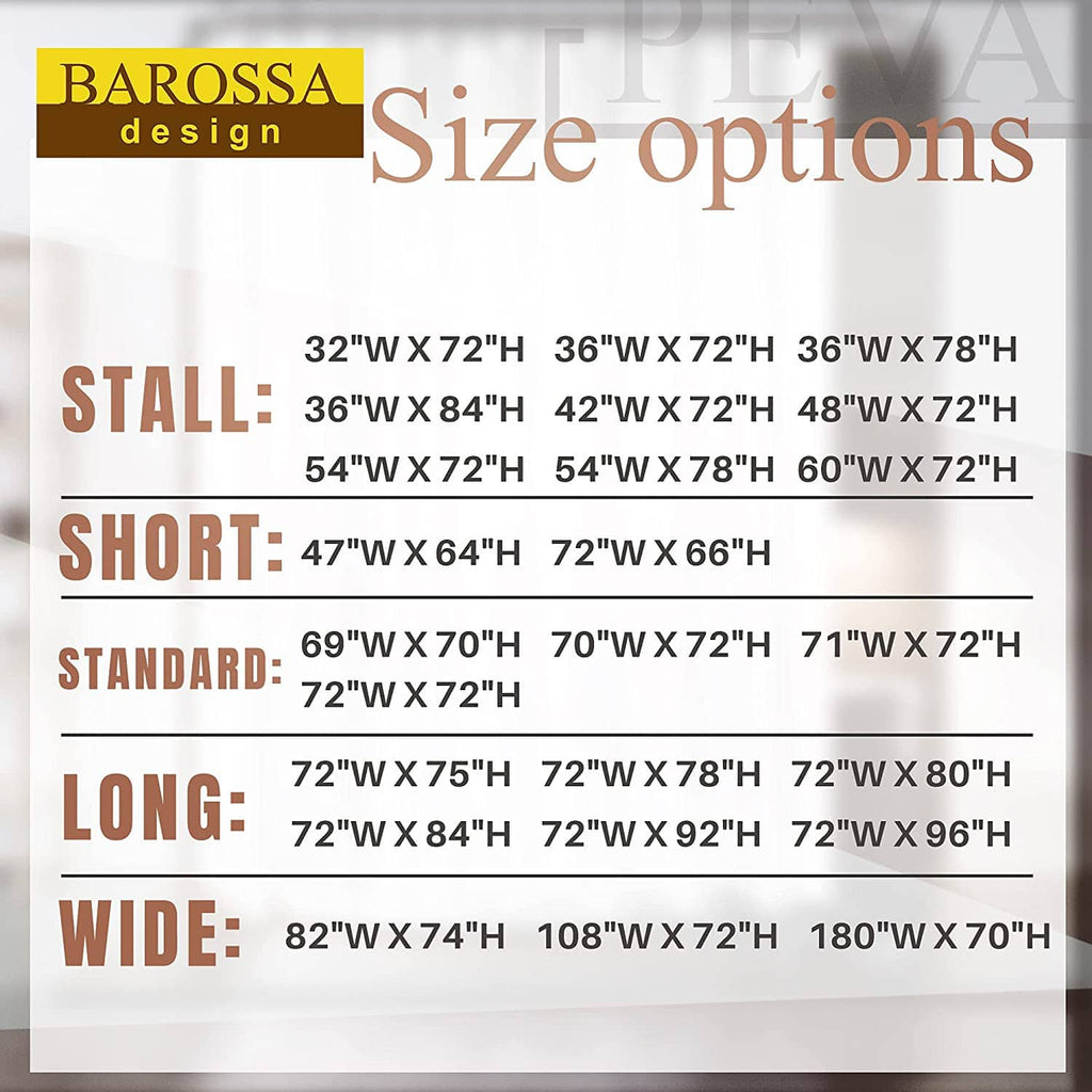 Shower liner size options chart with short, standard, long, and wide measurements