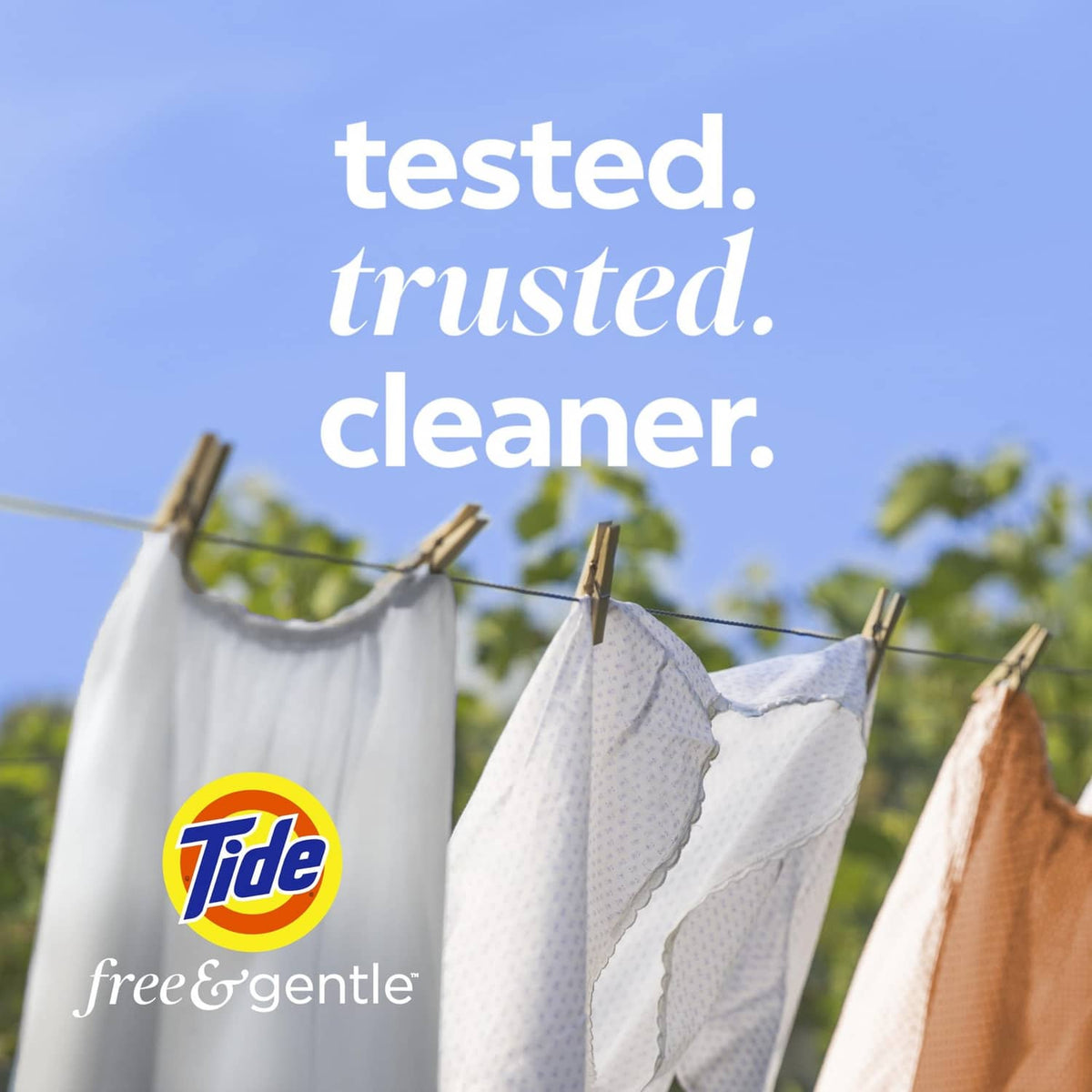 Tide free & gentle detergent pod logo with white towels hanging on a clothesline