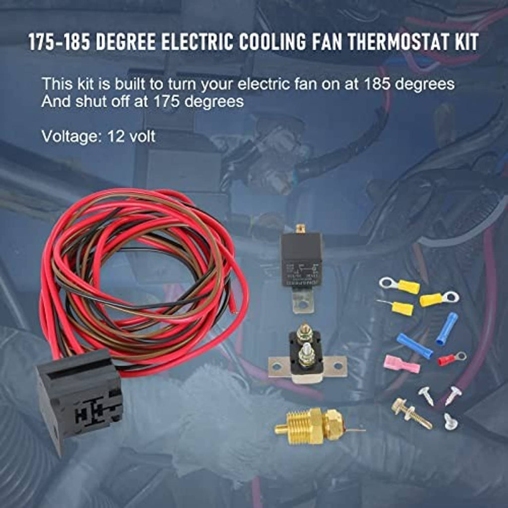 Electric cooling fan thermostat kit with red wiring, relay module, and brass temperature switch