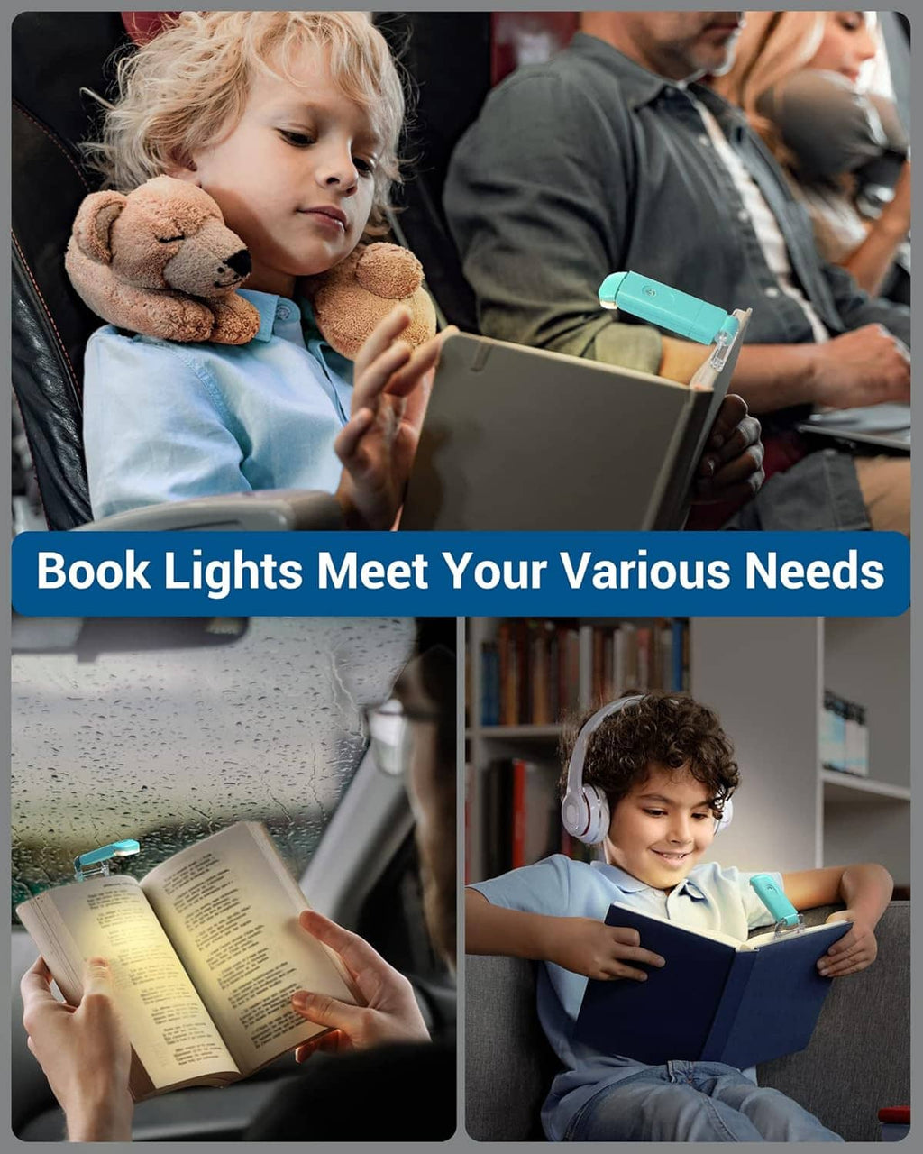 Turquoise clip-on book light illuminating an open book for kids.