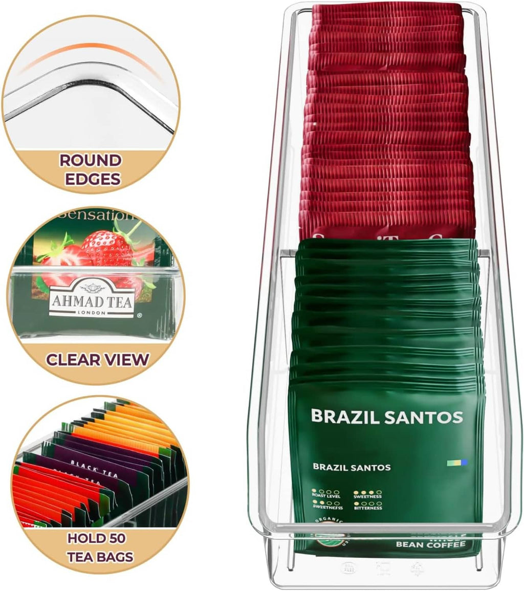 Clear tea bag organizer bin showing red and green tea bags through transparent walls