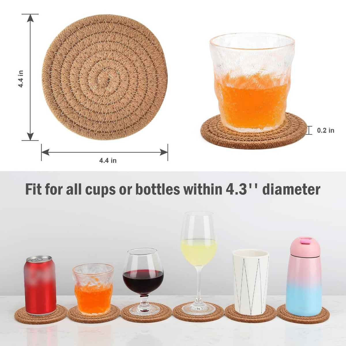 Woven round drink coaster, tan braided rope texture; size shown for single coaster