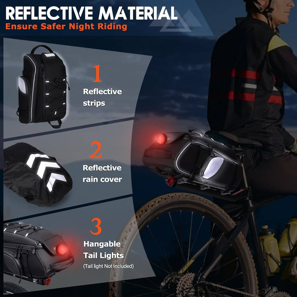 Black bike trunk bag with reflective strips and hanging tail light points plus rain cover