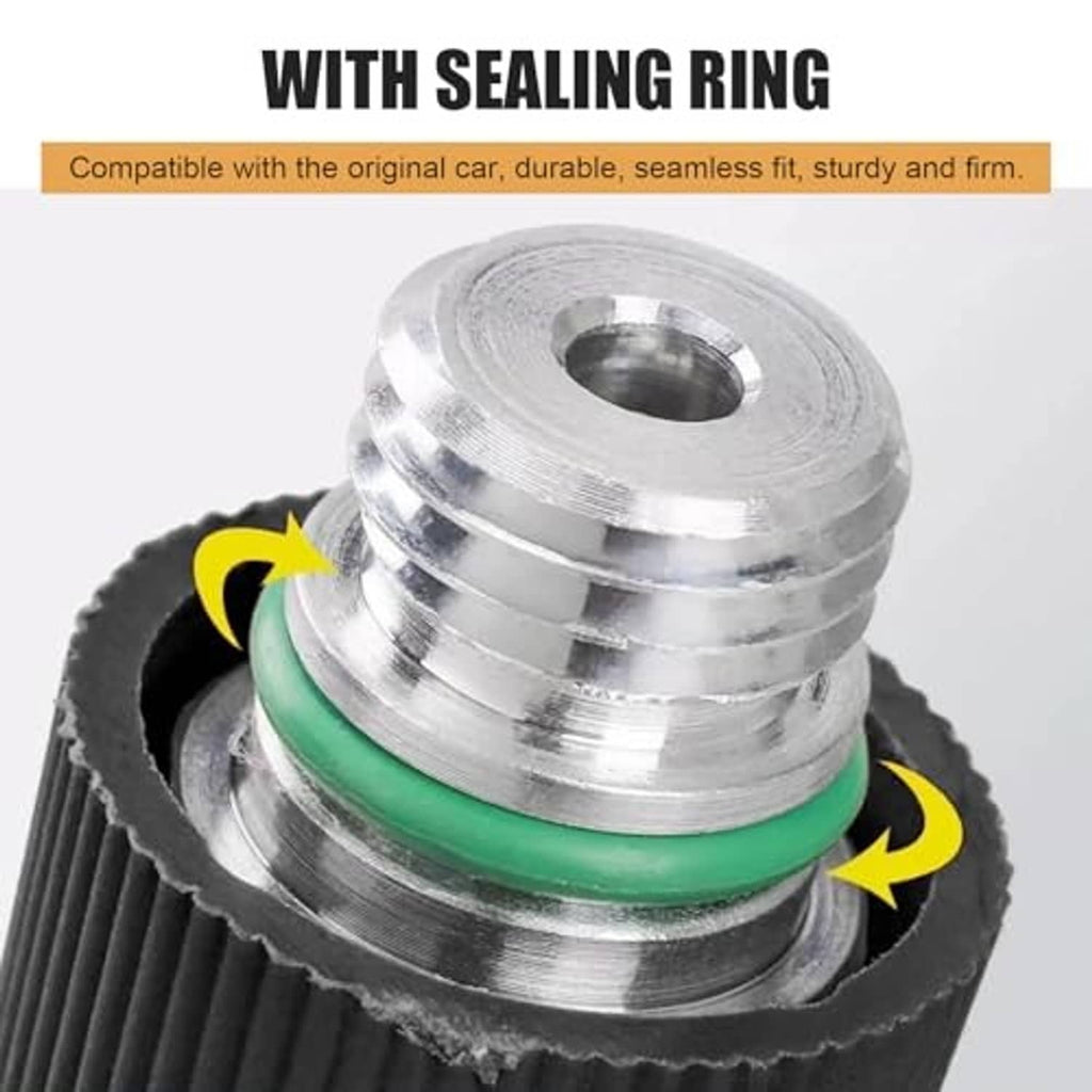 A/C Schrader valve core kit with sealing ring and green O-ring in valve body