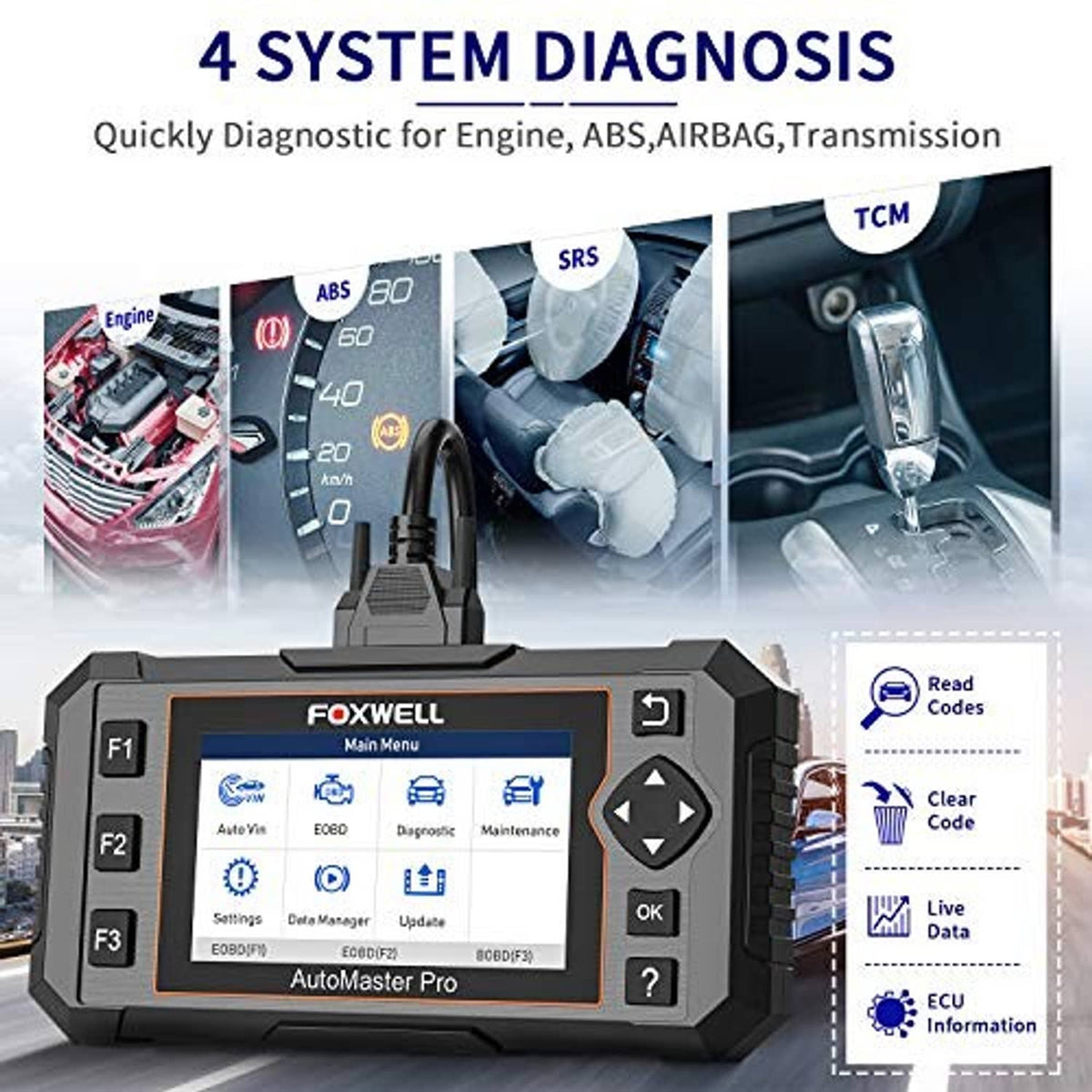 Handheld FOXWELL AutoMaster Pro OBD2 scanner with connected cable and color display