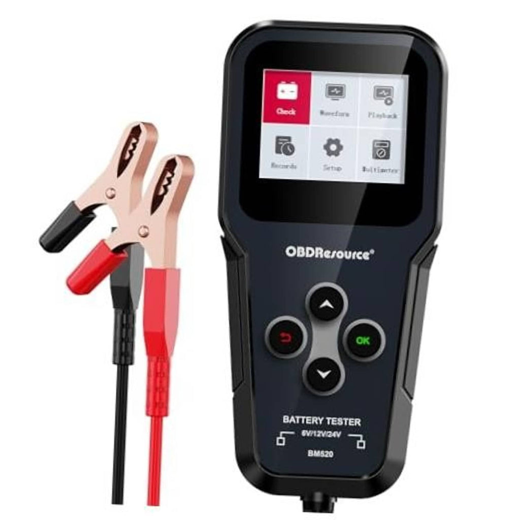 Handheld car battery tester with screen and buttons, connected to red-and-black leads