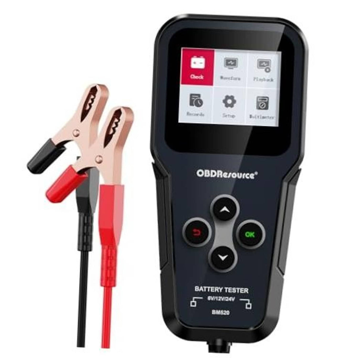 Handheld car battery tester with screen and buttons, connected to red-and-black leads