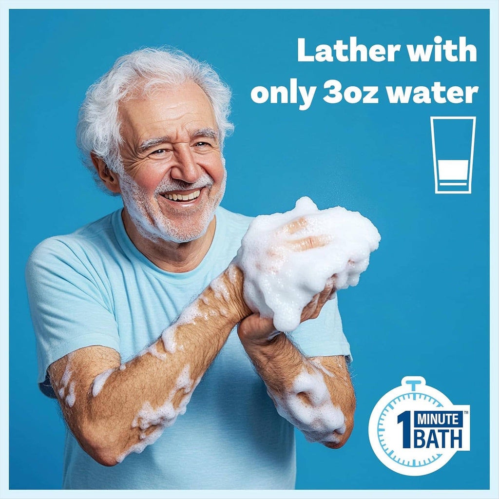 Older adult holding white lathering bath sponge, rinse-free soap & shampoo infused