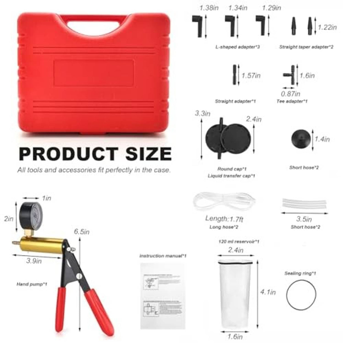 Brake bleeder vacuum pump kit product size diagram with adapters and caps